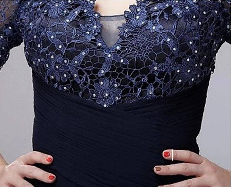 Navy Blue Mother Of The Bride Dresses A-line V-neck 3/4 Sleeves Chiffon Lace Beaded Groom Long Mother Dresses For Wedding - RongMoon