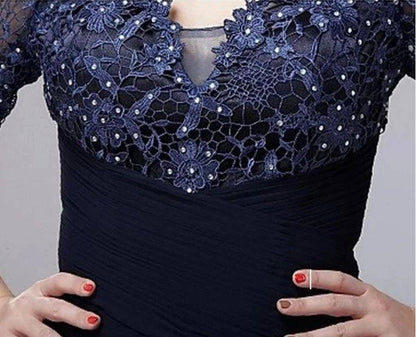 Navy Blue Mother Of The Bride Dresses A-line V-neck 3/4 Sleeves Chiffon Lace Beaded Groom Long Mother Dresses For Wedding - RongMoon