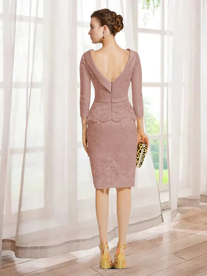 Mother of the Bride Dress Elegant Jewel Neck Knee Length Lace Charmeuse 3/4 Length Sleeve with Appliques