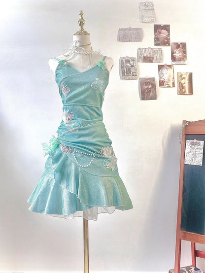 Fashion Mint Green Sparkling Sequin Spaghetti Strap Ruffled Hem Short 16th Birthday Party Dress Homecoming Dress HZ1024