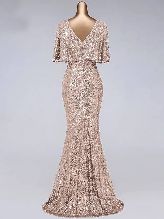 Mermaid / Trumpet Sparkle Elegant Prom Formal Evening Dress Illusion Neck Half Sleeve Floor Length Sequined with Sequin Ruffles - RongMoon