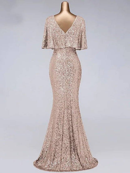 Mermaid / Trumpet Sparkle Elegant Prom Formal Evening Dress Illusion Neck Half Sleeve Floor Length Sequined with Sequin Ruffles - RongMoon
