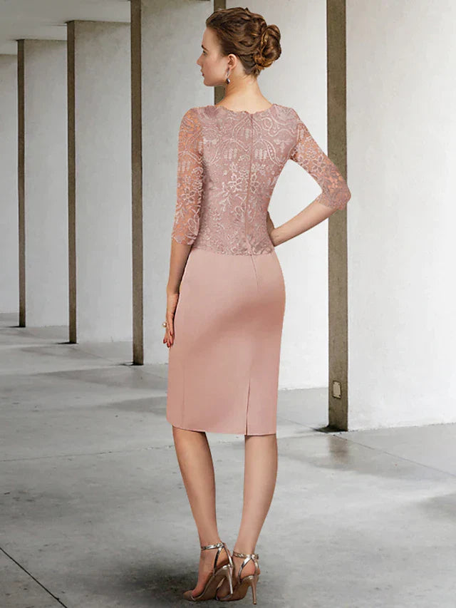 Mother of the Bride Dress Elegant Jewel Neck Knee Length Lace Stretch Fabric Half Sleeve with Appliques
