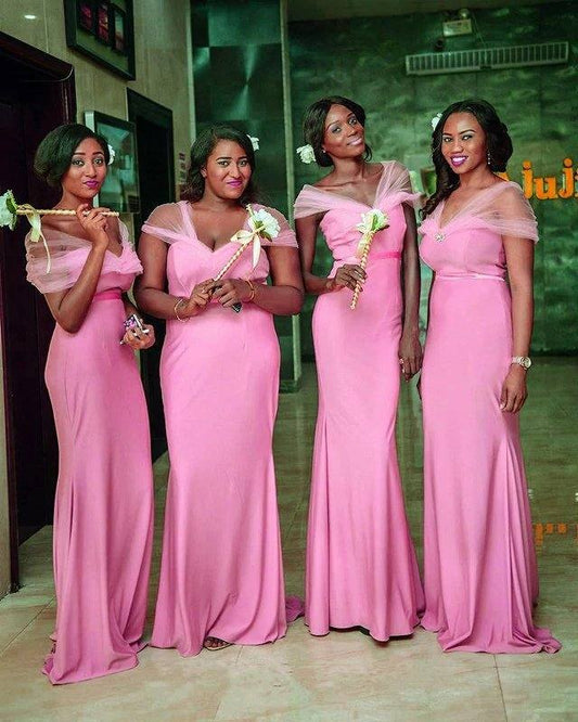 Long Jersey Empire Waistline Mermaid Bridesmaid Dresses With Cap Sleeves - RongMoon