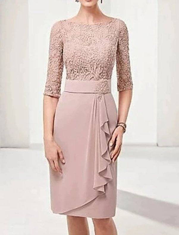 Plus Size Mother Of The Bride Dresses Sheath Half Sleeves Knee Length Chiffon Lace Short Groom Mother Dresses For Wedding - RongMoon