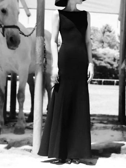 Sheath / Column Elegant Vintage Wedding Guest Formal Evening Dress Jewel Neck Sleeveless Floor Length Jersey with Sleek - RongMoon