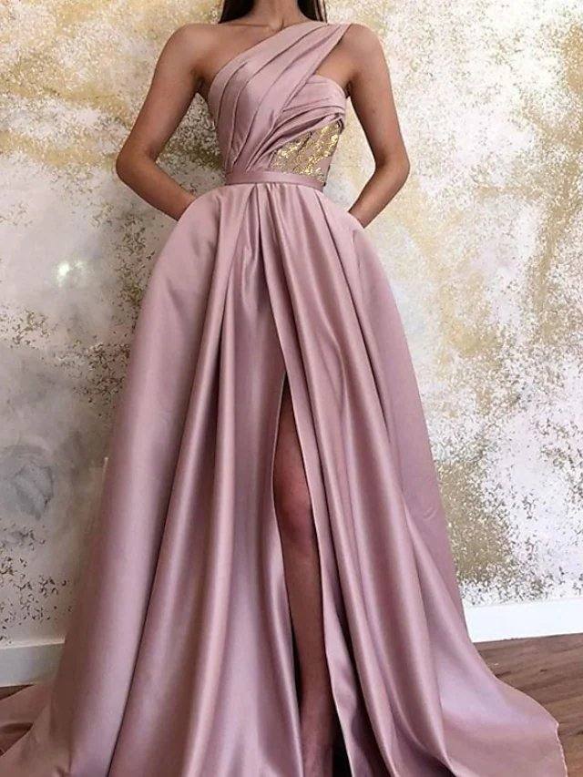 A-Line Minimalist Sexy Wedding Guest Formal Evening Valentine's Day Dress One Shoulder Sleeveless Sweep / Brush Train Satin with Pleats Split - RongMoon
