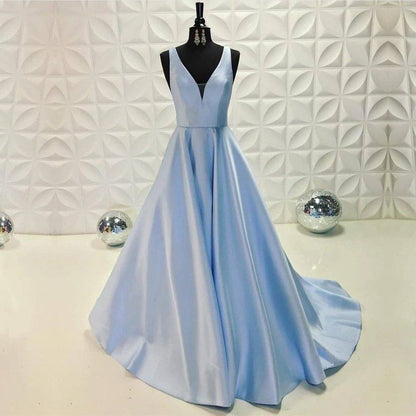 Light Blue Long Satin V-neck Dresses - RongMoon