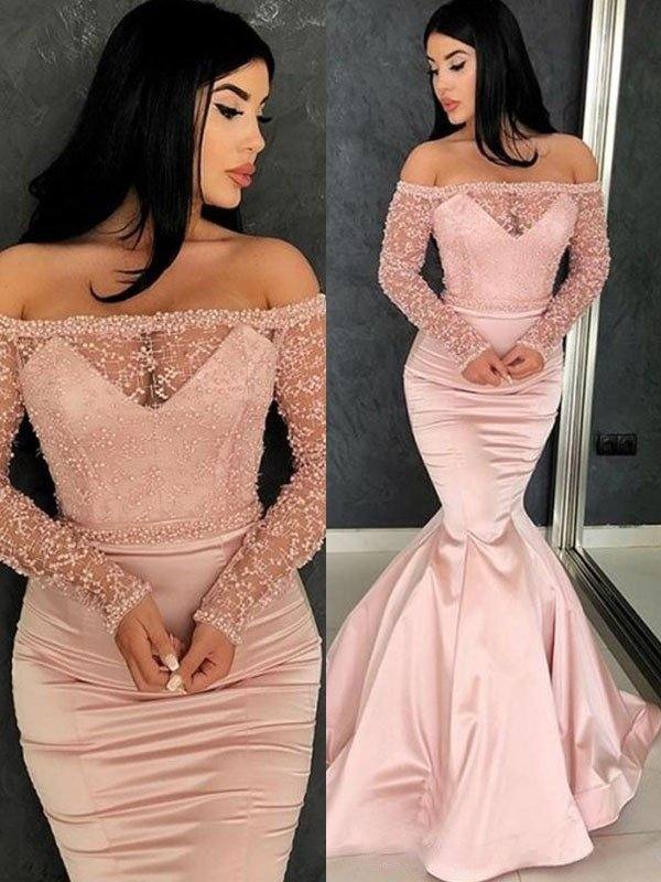 Trumpet/Mermaid Long Sleeves Off-the-Shoulder Sweep/Brush Train Ruffles Satin Dresses - RongMoon