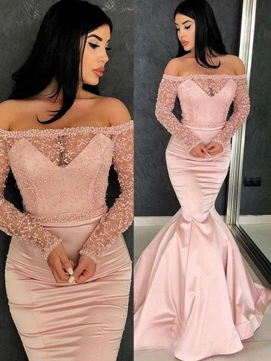 Trumpet/Mermaid Long Sleeves Off-the-Shoulder Sweep/Brush Train Ruffles Satin Dresses - RongMoon