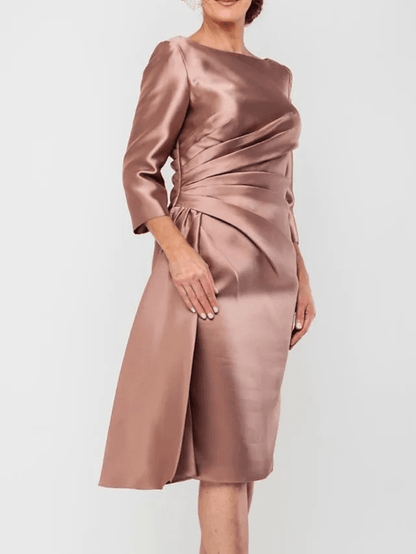 Sheath / Column Mother of the Bride Dress Elegant Jewel Neck Knee Length Satin 3/4 Length Sleeve with Split Front Ruching - RongMoon