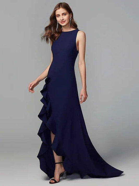 A-Line Jewel Neck Asymmetrical Chiffon Bridesmaid Dress with Ruffles / Split Front - RongMoon