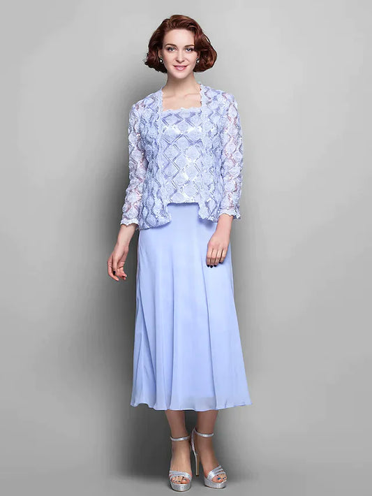 Mother of the Bride Dress Wrap Included Straps Tea Length Chiffon Lace Long Sleeve with Lace