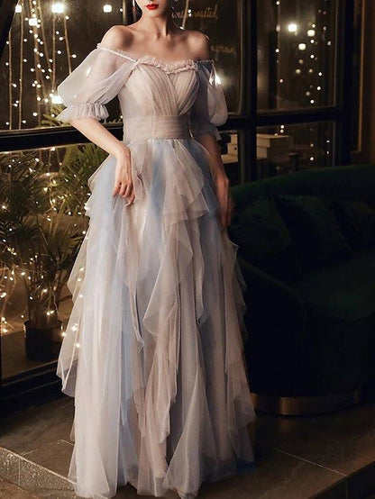A-Line Color Block Elegant Wedding Guest Prom Dress Scoop Neck Half Sleeve Floor Length Tulle with Pleats Ruffles - RongMoon
