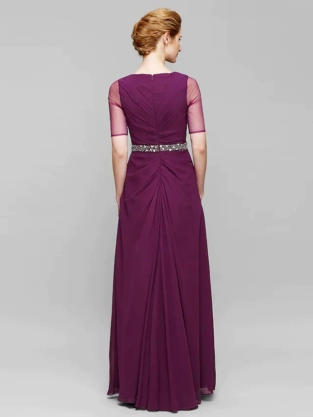 Mother of the Bride Dress Elegant Bateau Neck Floor Length Chiffon Tulle Half Sleeve with Beading