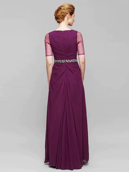 Mother of the Bride Dress Elegant Bateau Neck Floor Length Chiffon Tulle Half Sleeve with Beading