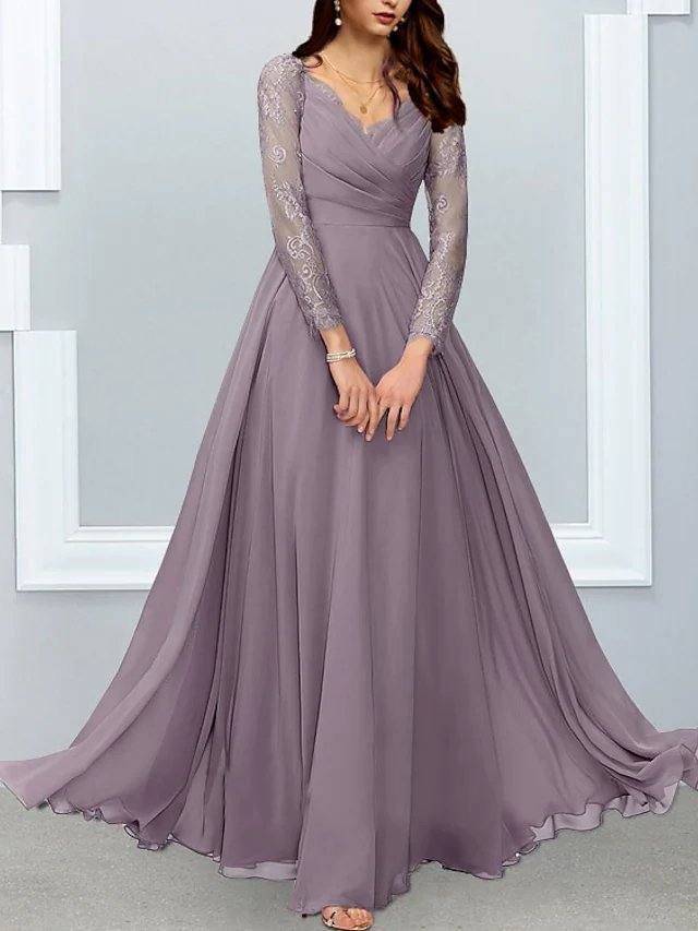 A-Line Mother of the Bride Dress Elegant V Neck Floor Length Chiffon Lace Long Sleeve with Lace Appliques - RongMoon