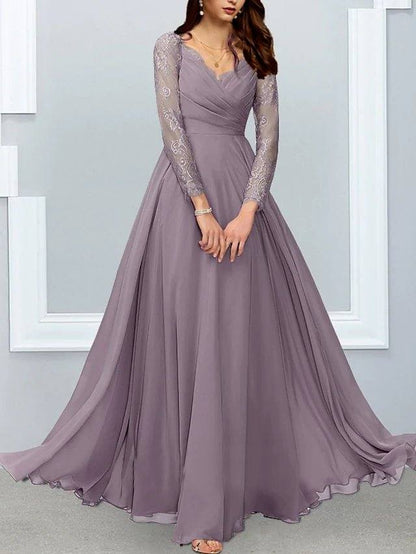 A-Line Mother of the Bride Dress Elegant V Neck Floor Length Chiffon Lace Long Sleeve with Lace Appliques - RongMoon
