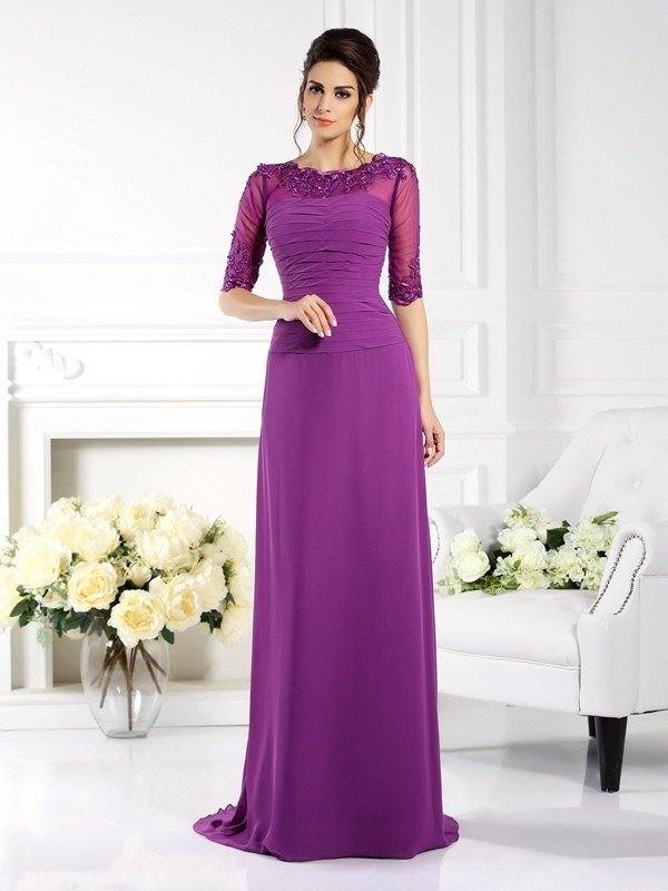 Sheath/Column Scoop Applique 1/2 Sleeves Long Chiffon Mother of the Bride Dresses - RongMoon
