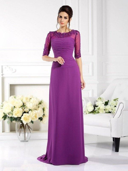 Sheath/Column Scoop Applique 1/2 Sleeves Long Chiffon Mother of the Bride Dresses - RongMoon