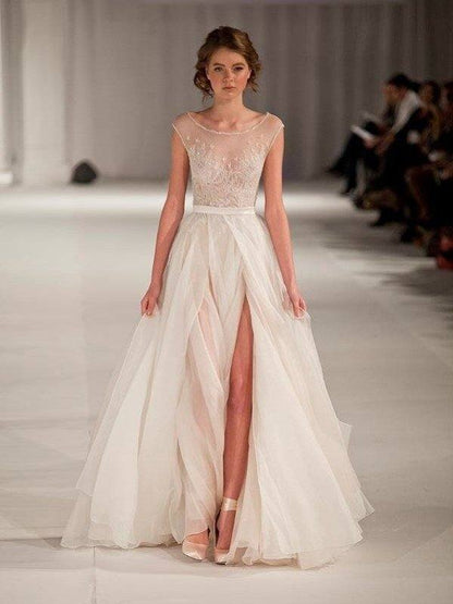 A-line/Princess Scoop Sleeveless Short Sleeves Floor-length Organza Prom Dresses - RongMoon