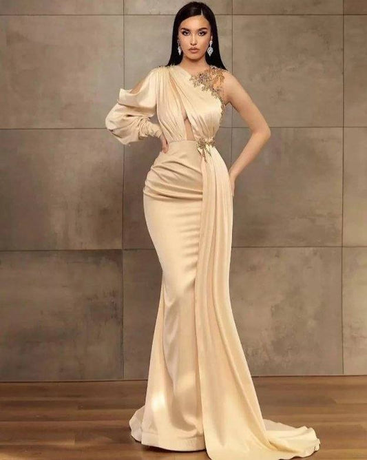 Champagne Evening Dresses Mermaid One-shoulder Beaded Long Turkey Dubai Saudi Arabic Evening Gown Prom Dresses - RongMoon