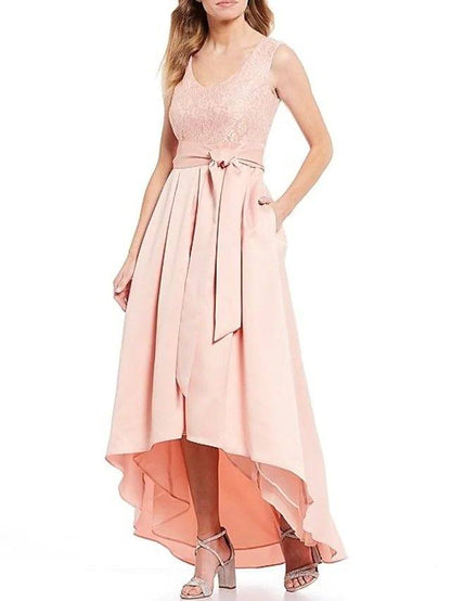 A-Line Mother of the Bride Dress Elegant V Neck Asymmetrical Lace Satin Sleeveless with Sash / Ribbon - RongMoon