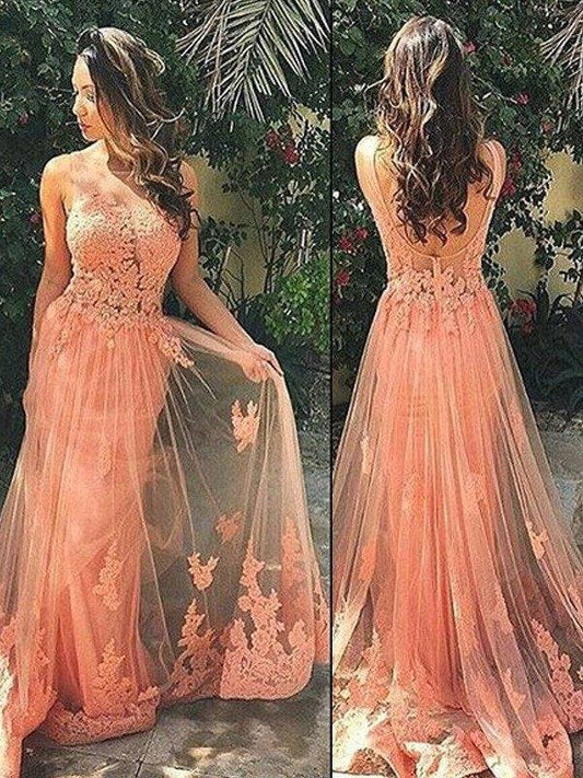 A-Line/Princess Straps Sleeveless Tulle Sweep/Brush Train Applique Dresses - RongMoon
