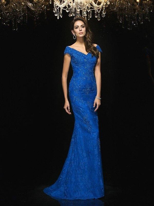 Trumpet/Mermaid V-neck Lace Sleeveless Long Lace Mother of the Bride Dresses - RongMoon