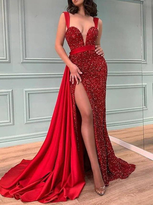 Mermaid / Trumpet Sparkle Sexy Engagement Formal Evening Dress V Neck Sleeveless Sweep / Brush Train Sequined with Split - RongMoon