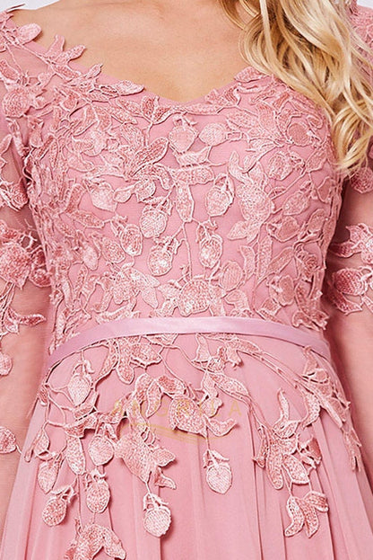 A-line Long Sleeves V-Neck Appliques Floor-Length Prom Dresses with Applique