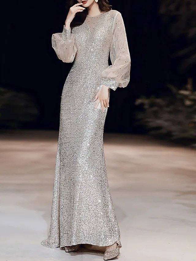 A-Line Mermaid / Trumpet Sparkle Elegant Prom Formal Evening Dress Illusion Neck Long Sleeve Sweep / Brush Train Sequined with Sequin - RongMoon