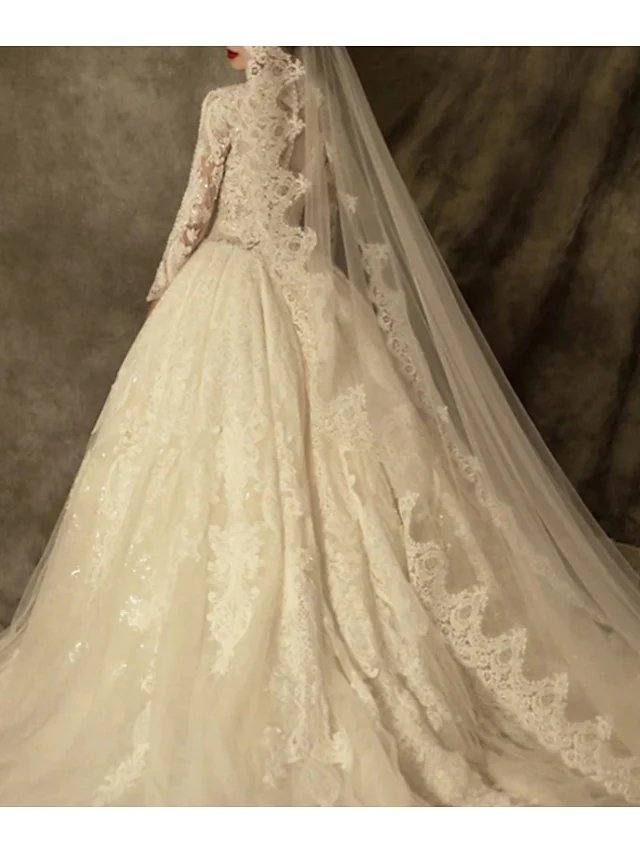 A-Line Wedding Dresses Jewel Neck Sweep / Brush Train Lace Tulle Long Sleeve Vintage Luxurious with Appliques - RongMoon