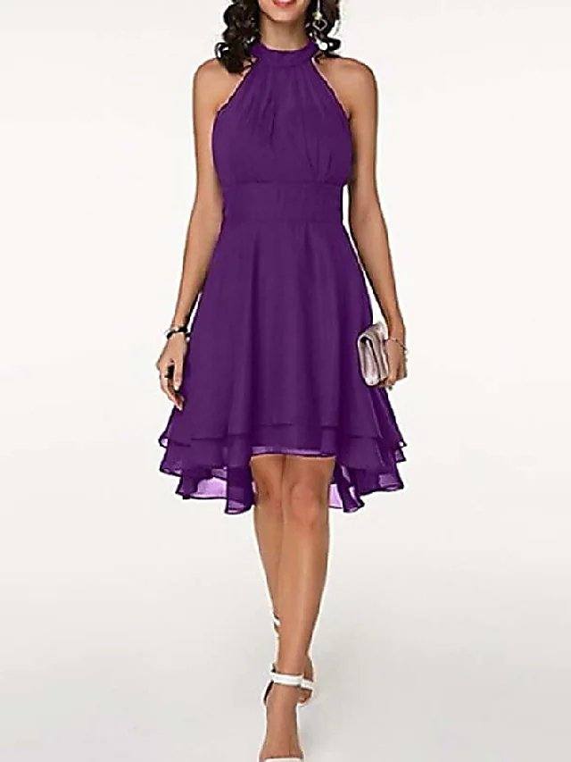 A-Line Flirty Empire Engagement Cocktail Party Dress Halter Neck Sleeveless Knee Length Chiffon with Sleek Tier - RongMoon