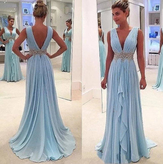 Sky Blue Prom Dresses A-line V-neck Chiffon Beaded Backless Dubai Saudi Arabic Long Robe De Soiree Prom Gown Evening Dresses - RongMoon