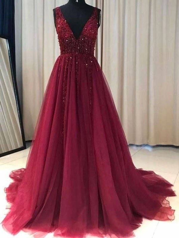 A-Line/Princess V-neck Sleeveless Sweep/Brush Train Ruffles Tulle Dresses - RongMoon