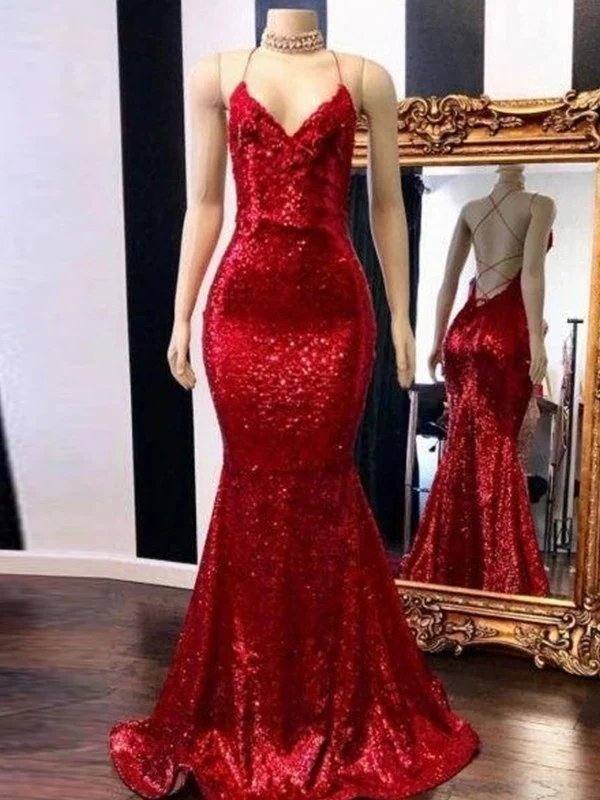 Trumpet/Mermaid Sweep/Brush Train Spaghetti Straps Sleeveless Sequins Dresses - RongMoon