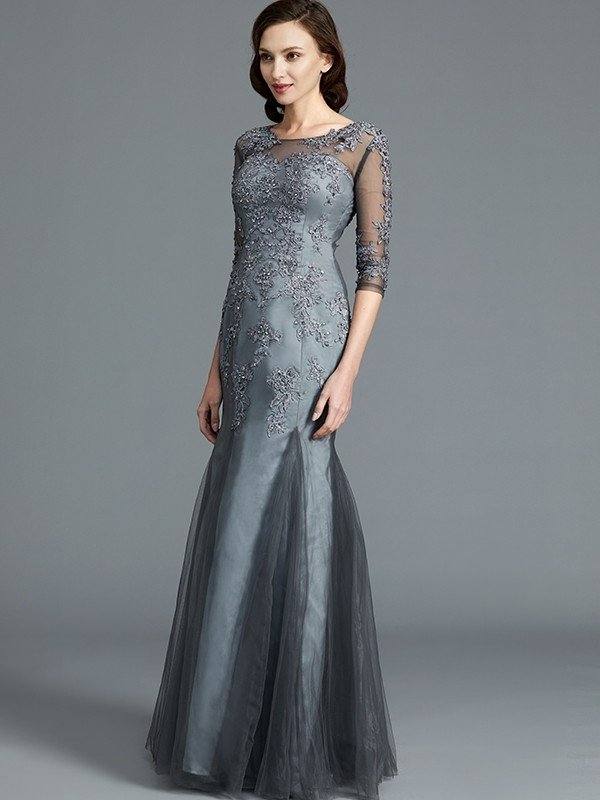 Sheath/Column Scoop Applique 1/2 Sleeves Tulle Floor-Length Mother of the Bride Dresses - RongMoon