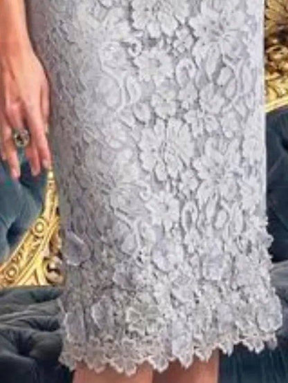 Sheath / Column Mother of the Bride Dress Elegant Bateau Neck Knee Length Lace Polyester Long Sleeve with Appliques - RongMoon