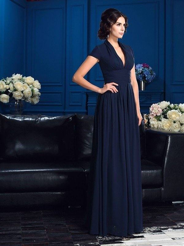 A-Line/Princess V-neck Applique Short Sleeves Long Chiffon Mother of the Bride Dresses - RongMoon