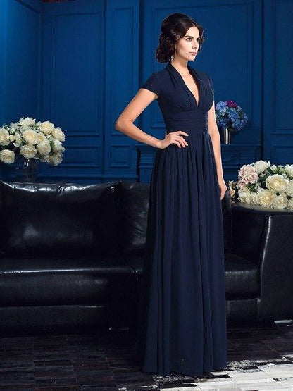 A-Line/Princess V-neck Applique Short Sleeves Long Chiffon Mother of the Bride Dresses - RongMoon