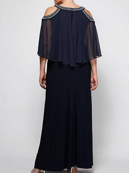 Sheath / Column Mother of the Bride Dress Elegant Jewel Neck Floor Length Chiffon Half Sleeve with Pleats Beading - RongMoon