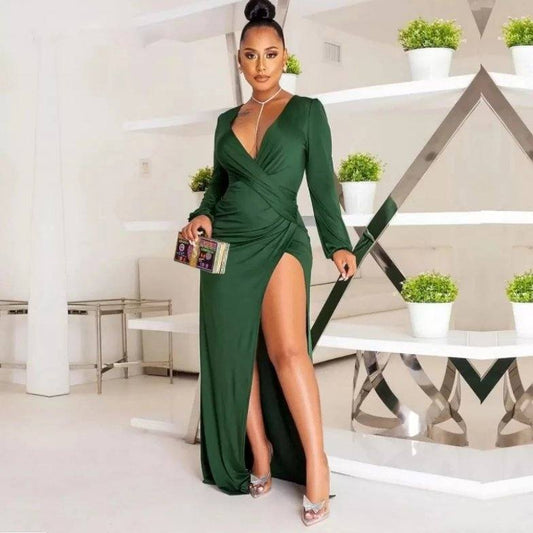 Green Evening Dresses Sheath V-neck Long Sleeves Slit Long Turkey Dubai Saudi Arabic Evening Gown Prom Dresses - RongMoon