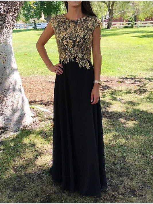 Sheath / Column Mother of the Bride Dress Elegant Jewel Neck Floor Length Chiffon Lace Short Sleeve with Appliques Ruching - RongMoon