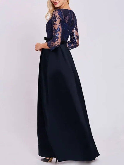 A-Line Mother of the Bride Dress Elegant Jewel Neck Floor Length Lace Satin 3/4 Length Sleeve with Sash / Ribbon Pleats Appliques - RongMoon