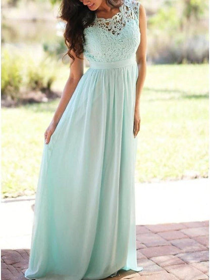 A-Line Jewel Neck Floor Length Chiffon / Lace Bridesmaid Dress with Lace / Pleats - RongMoon