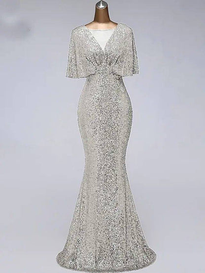 Mermaid / Trumpet Sparkle Elegant Prom Formal Evening Dress Illusion Neck Half Sleeve Floor Length Sequined with Sequin Ruffles - RongMoon
