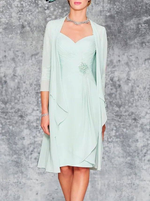 Two Piece Sheath / Column Mother of the Bride Dress Elegant Sweetheart Neckline Knee Length Chiffon 3/4 Length Sleeve with Pleats Embroidery - RongMoon