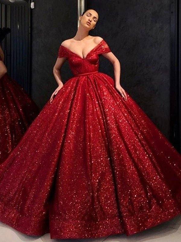 Ball Gown Sequins Ruffles Off-the-Shoulder Sleeveless Floor-Length Dresses - RongMoon