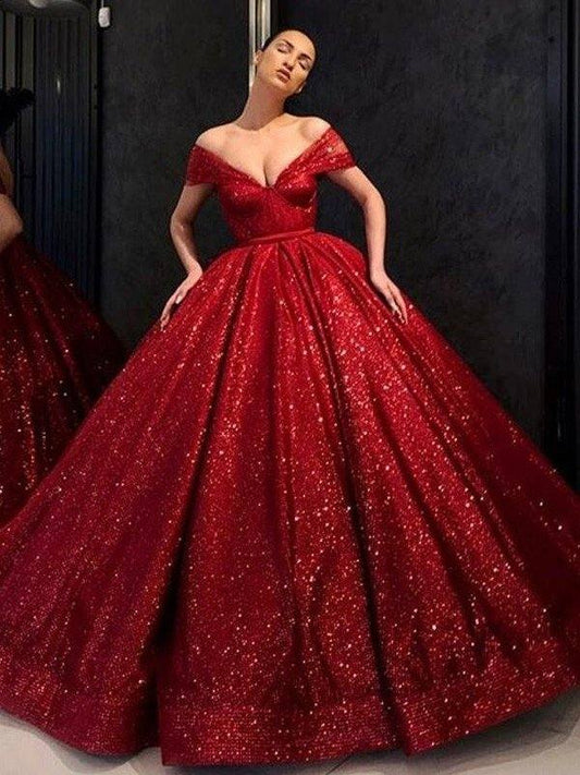 Ball Gown Sequins Ruffles Off-the-Shoulder Sleeveless Floor-Length Dresses - RongMoon